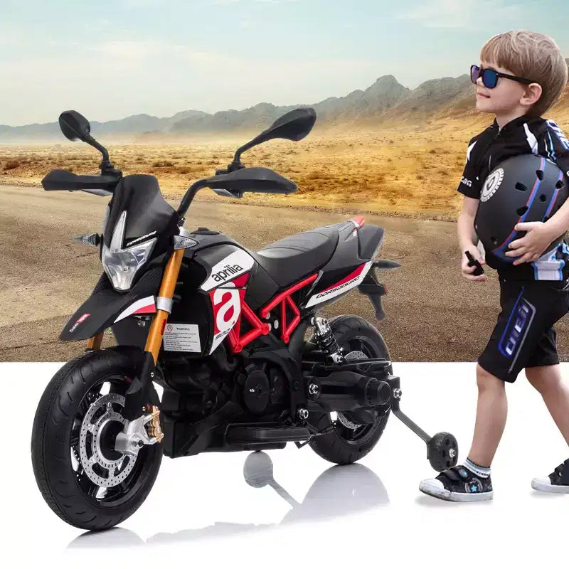 Moto électrique pour enfant Sandinrayli 12 V sous licence Aprilia, moto tout-terrain à batterie avec roulettes stabilisatrices