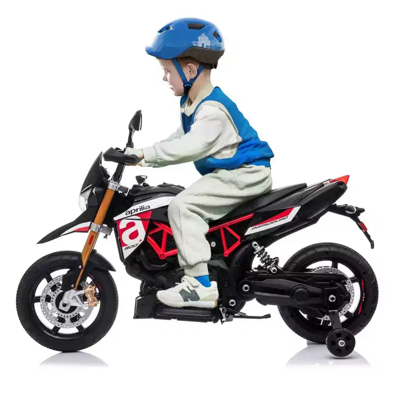 Moto électrique pour enfant Sandinrayli 12 V sous licence Aprilia, moto tout-terrain à batterie avec roulettes stabilisatrices