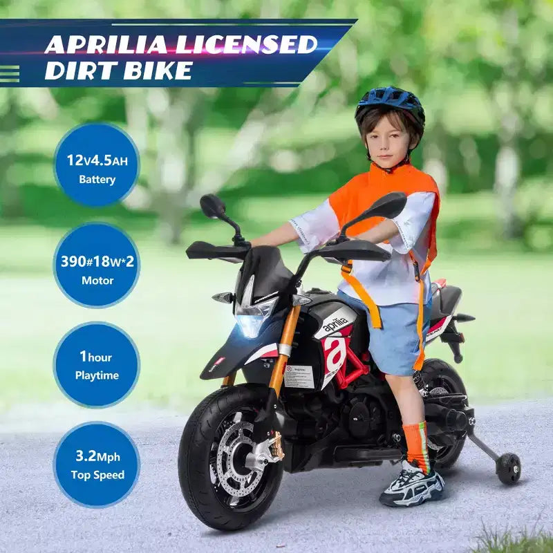 Moto électrique pour enfant Sandinrayli 12 V sous licence Aprilia, moto tout-terrain à batterie avec roulettes stabilisatrices