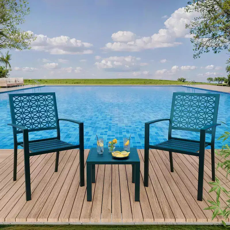 Ensemble bistro 3 pièces pour terrasse, chaises et table d'extérieur en acier pour 2, petit salon de jardin moderne, chaises de porche en métal avec table à thé