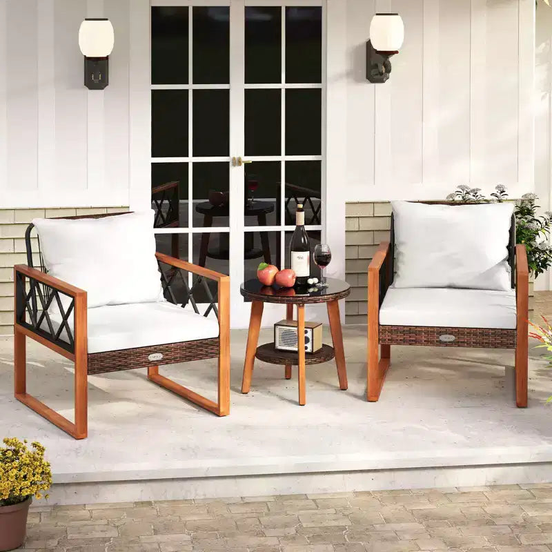 Ensemble de mobilier de patio Costway 3 pièces en rotin PE avec cadre en bois d'acacia massif et coussins