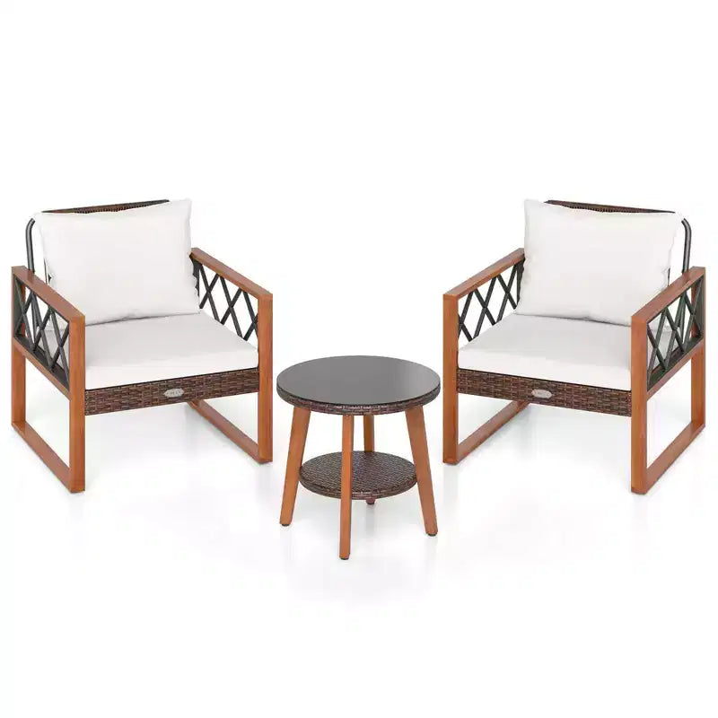 Ensemble de mobilier de patio Costway 3 pièces en rotin PE avec cadre en bois d'acacia massif et coussins