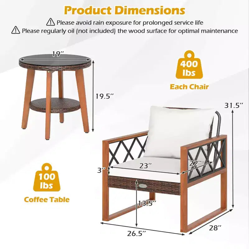 Ensemble de mobilier de patio Costway 3 pièces en rotin PE avec cadre en bois d'acacia massif et coussins
