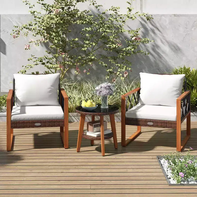 Ensemble de mobilier de patio Costway 3 pièces en rotin PE avec cadre en bois d'acacia massif et coussins