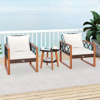 Ensemble de mobilier de patio Costway 3 pièces en rotin PE avec cadre en bois d'acacia massif et coussins