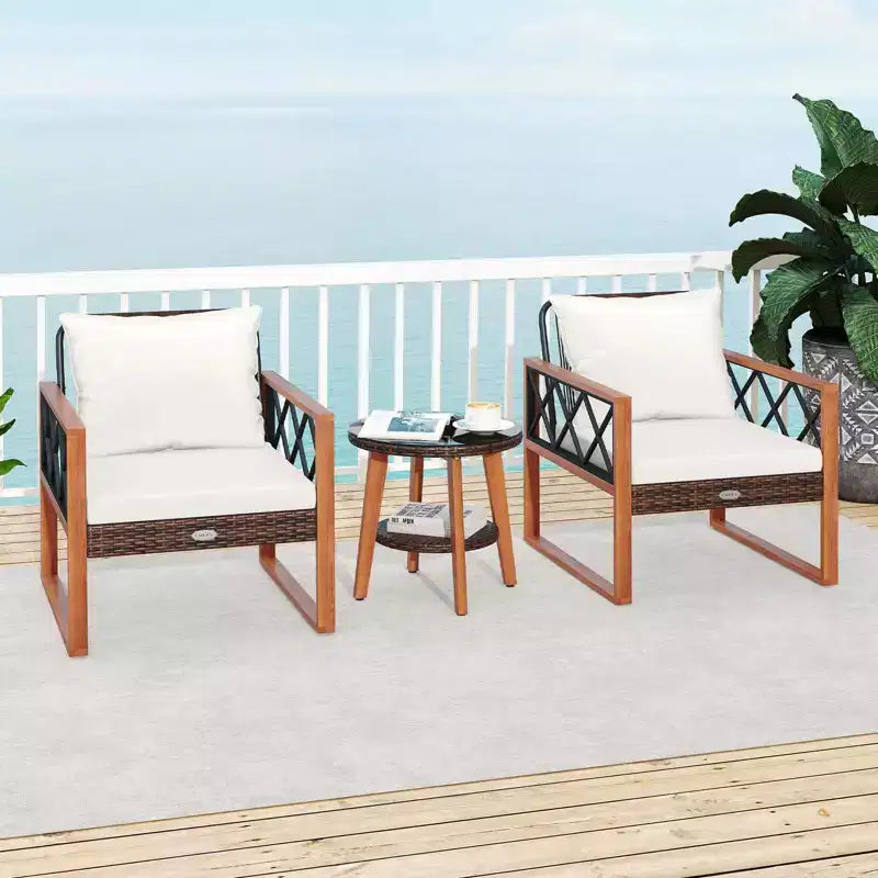 Ensemble de mobilier de patio Costway 3 pièces en rotin PE avec cadre en bois d'acacia massif et coussins