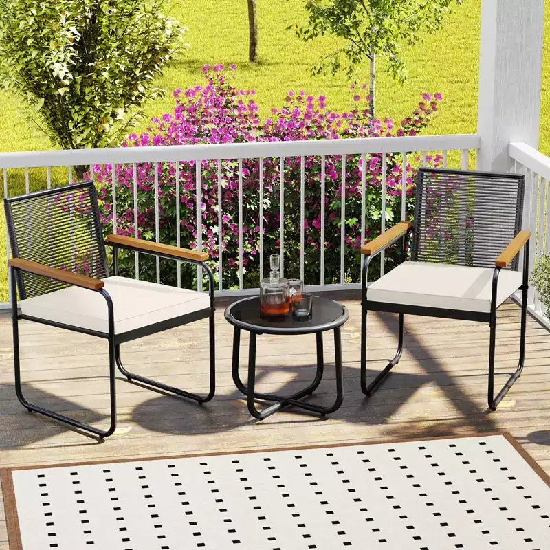 Costway Ensemble de Meubles de Jardin 3 Pièces avec Table Ronde en Verre Trempé, Accoudoirs et Coussins