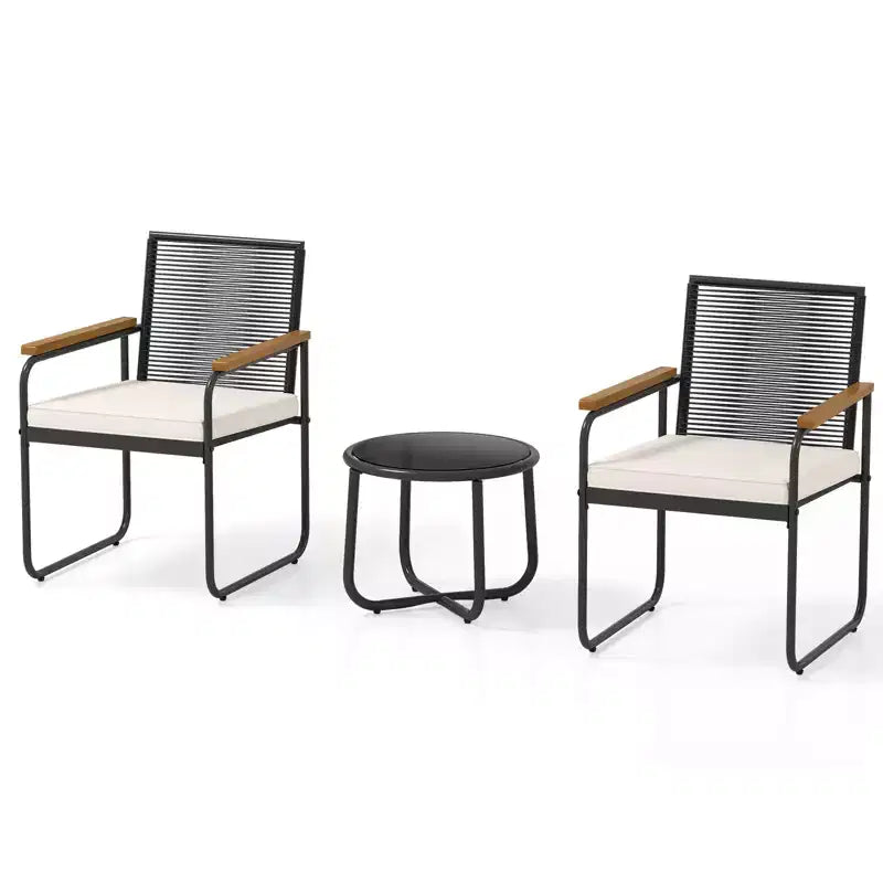 Costway Ensemble de Meubles de Jardin 3 Pièces avec Table Ronde en Verre Trempé, Accoudoirs et Coussins