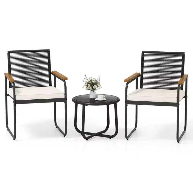 Costway Ensemble de Meubles de Jardin 3 Pièces avec Table Ronde en Verre Trempé, Accoudoirs et Coussins