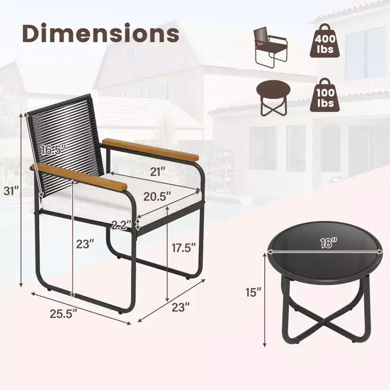 Costway Ensemble de Meubles de Jardin 3 Pièces avec Table Ronde en Verre Trempé, Accoudoirs et Coussins