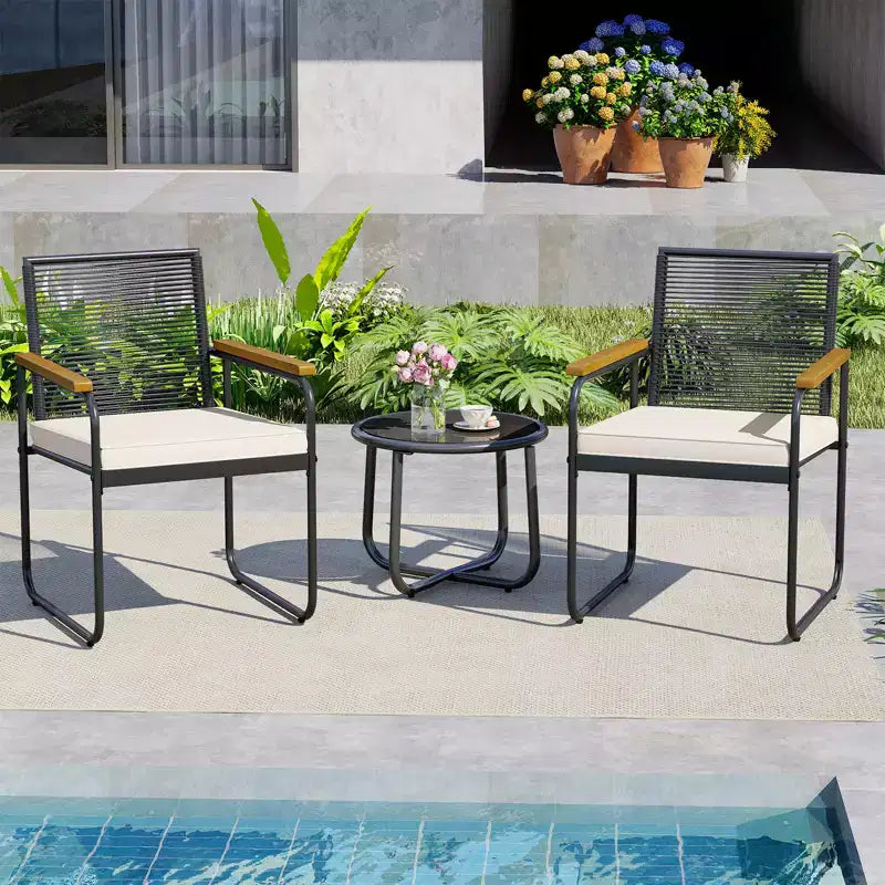 Costway Ensemble de Meubles de Jardin 3 Pièces avec Table Ronde en Verre Trempé, Accoudoirs et Coussins
