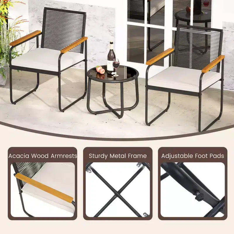 Costway Ensemble de Meubles de Jardin 3 Pièces avec Table Ronde en Verre Trempé, Accoudoirs et Coussins