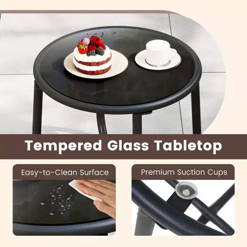 Costway Ensemble de Meubles de Jardin 3 Pièces avec Table Ronde en Verre Trempé, Accoudoirs et Coussins