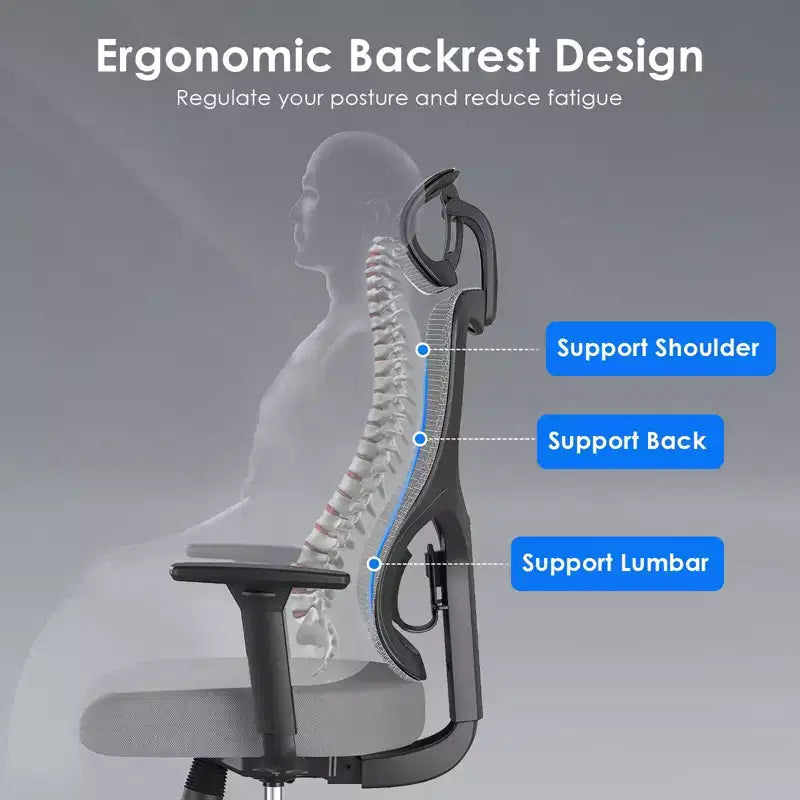 Chaise de bureau ergonomique Okak, chaise de bureau en maille avec appui-tête, support lombaire et accoudoirs réglables, chaise de jeu à dossier haut pour le bureau, la maison
