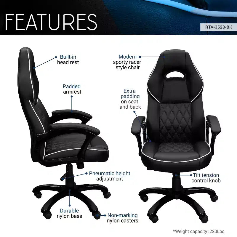 Chaise gaming Okak à dossier haut avec assise et dossier rembourrés, chaise de bureau de direction à base métallique et roulettes, chaise de bureau pour l'étude et la salle de lecture, noir