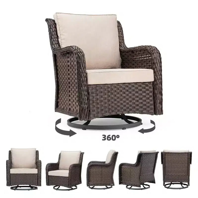 Chaises de patio coulissantes pivotantes d'extérieur en résine tressée avec table - Ensemble bistro d'extérieur 3 pièces avec coussins épais de 4 pouces et table basse