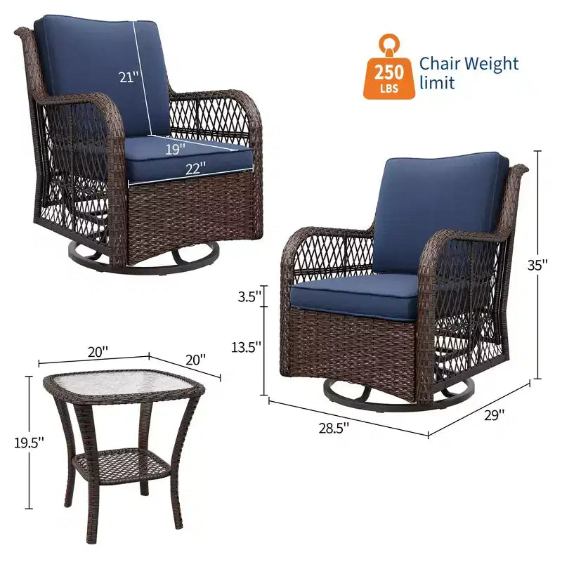 Chaises de patio coulissantes pivotantes d'extérieur en résine tressée avec table - Ensemble bistro d'extérieur 3 pièces avec coussins épais de 4 pouces et table basse