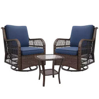 Chaises de patio coulissantes pivotantes d'extérieur en résine tressée avec table - Ensemble bistro d'extérieur 3 pièces avec coussins épais de 4 pouces et table basse