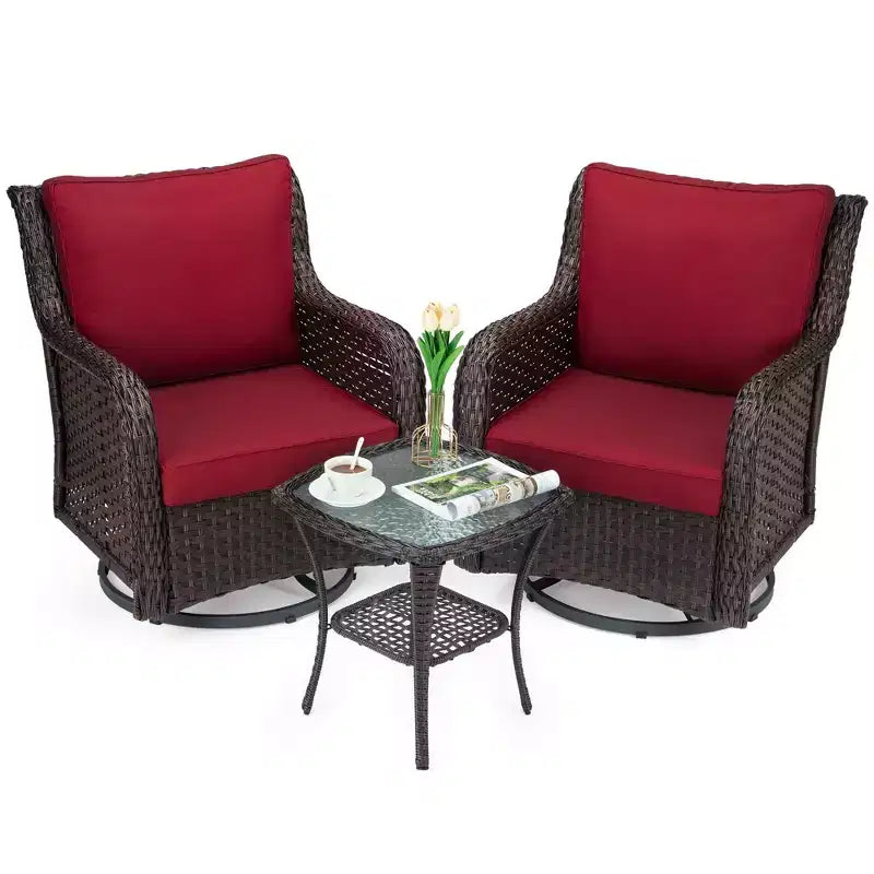 Chaises de patio coulissantes pivotantes d'extérieur en résine tressée avec table - Ensemble bistro d'extérieur 3 pièces avec coussins épais de 4 pouces et table basse