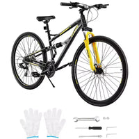 VEVOR Vélo VTT 29 pouces, Suspension Intégrale Double, Dérailleur 24 Vitesses, Freins à Disque Double, Cadre en Alliage d'Aluminium, Noir et Jaune