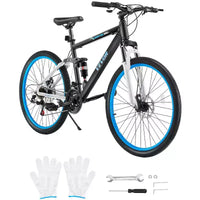 VTT VEVOR, VTT 26 pouces tout suspendu, dérailleur 21 vitesses, freins à double disque, cadre en alliage d'aluminium, noir et bleu