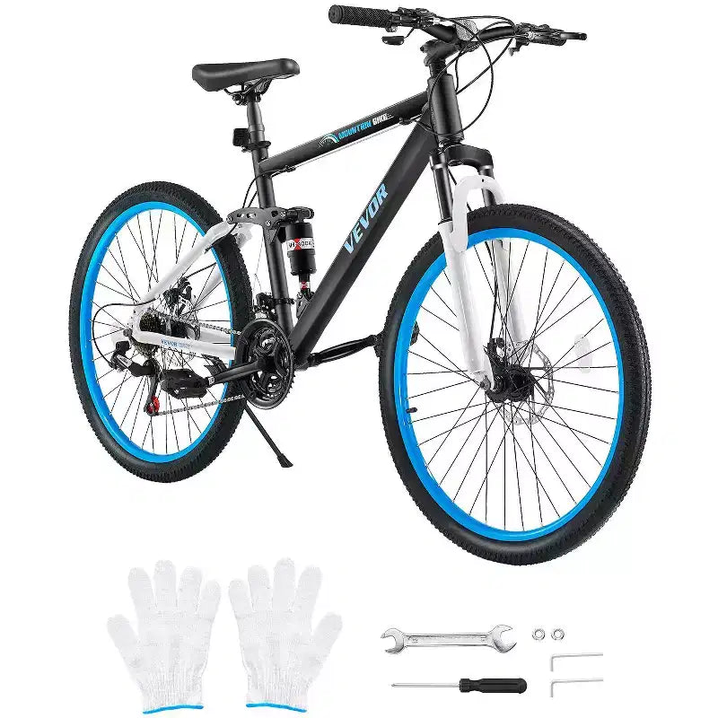 VTT VEVOR, VTT 26 pouces tout suspendu, dérailleur 21 vitesses, freins à double disque, cadre en alliage d'aluminium, noir et bleu