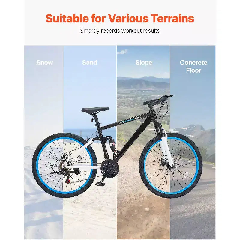 VTT VEVOR, VTT 26 pouces tout suspendu, dérailleur 21 vitesses, freins à double disque, cadre en alliage d'aluminium, noir et bleu