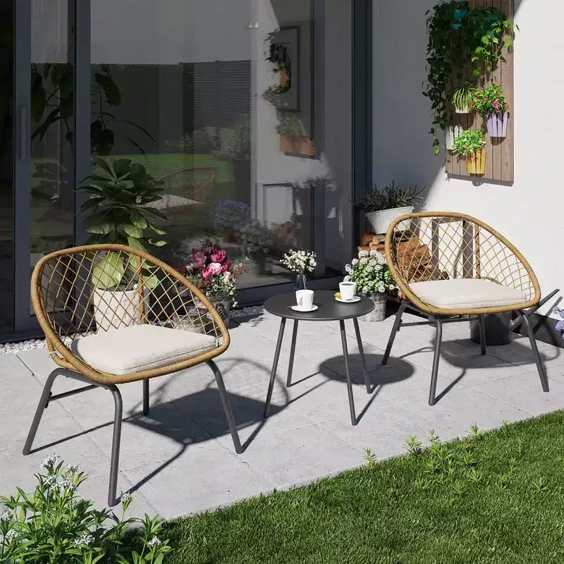 LAUSAINT Ensemble bistro 3 pièces en osier pour la maison, 2 chaises larges et table basse, parfait pour le porche, le jardin, le balcon
