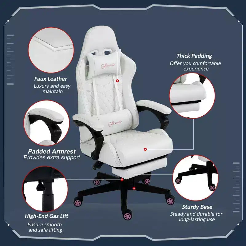 Chaise gaming Okak à dossier haut avec appui-tête, chaise d'ordinateur avec soutien lombaire et repose-pieds, chaise de bureau pour l'étude, la salle de lecture