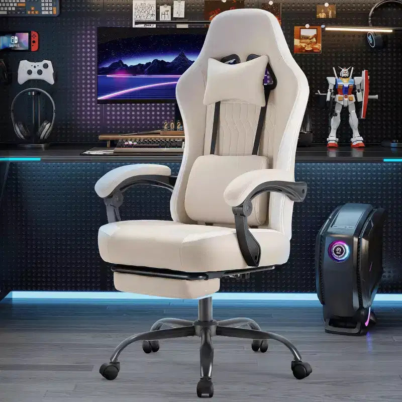 Chaise de jeu d'ordinateur MAYEERTY avec support lombaire Hauteur réglable Roues rotatives à 360° Accoudoirs et appuie-tête inclus