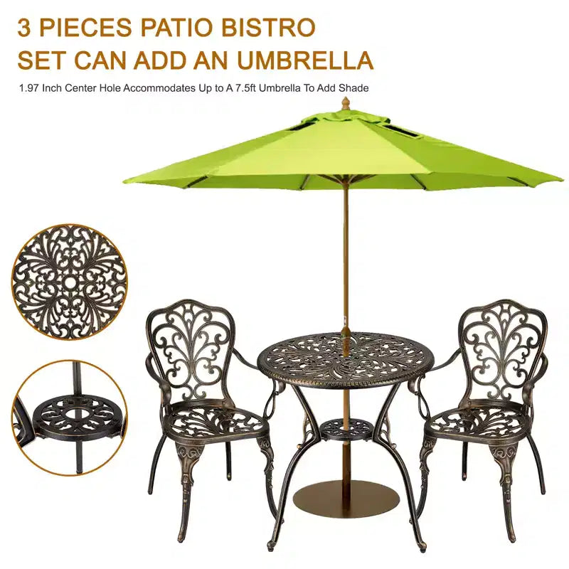 CuisinSmart Ensemble Bistro 3 Pièces, Salon de Jardin Bistro en Aluminium Moulé Résistant à la Rouille avec Trou pour Parasol pour Jardin, Balcon, Porche