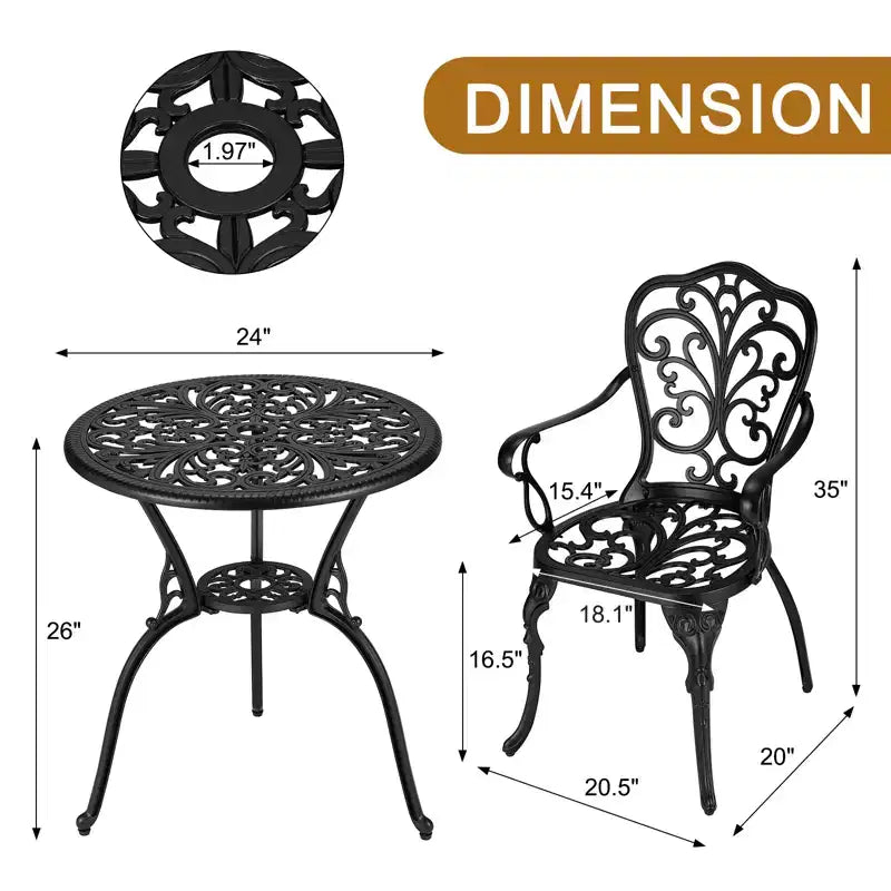 CuisinSmart Ensemble Bistro 3 Pièces, Salon de Jardin Bistro en Aluminium Moulé Résistant à la Rouille avec Trou pour Parasol pour Jardin, Balcon, Porche