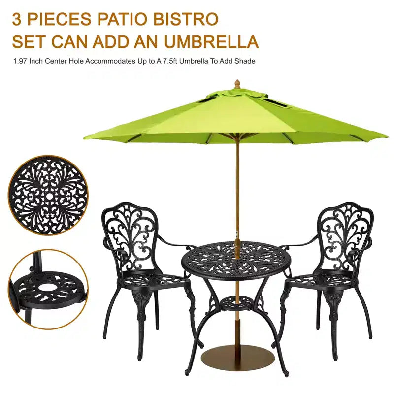 CuisinSmart Ensemble Bistro 3 Pièces, Salon de Jardin Bistro en Aluminium Moulé Résistant à la Rouille avec Trou pour Parasol pour Jardin, Balcon, Porche