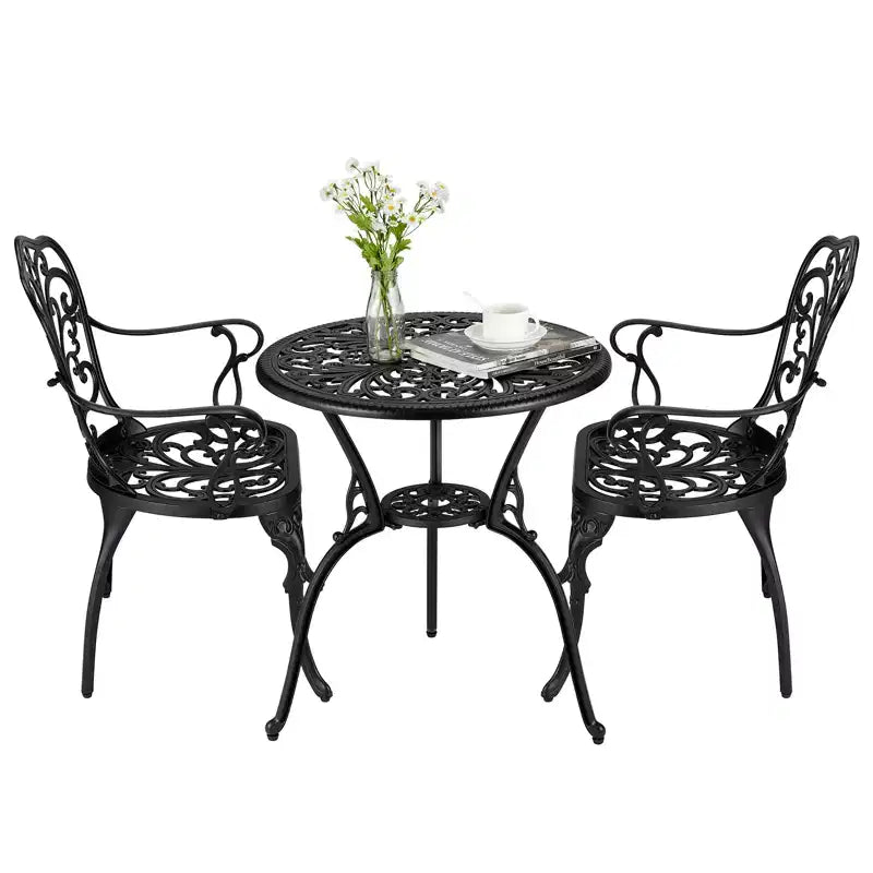 CuisinSmart Ensemble Bistro 3 Pièces, Salon de Jardin Bistro en Aluminium Moulé Résistant à la Rouille avec Trou pour Parasol pour Jardin, Balcon, Porche