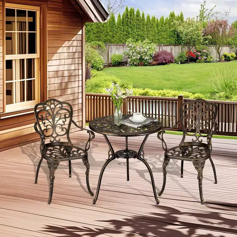 CuisinSmart Ensemble Bistro 3 Pièces, Salon de Jardin Bistro en Aluminium Moulé Résistant à la Rouille avec Trou pour Parasol pour Jardin, Balcon, Porche