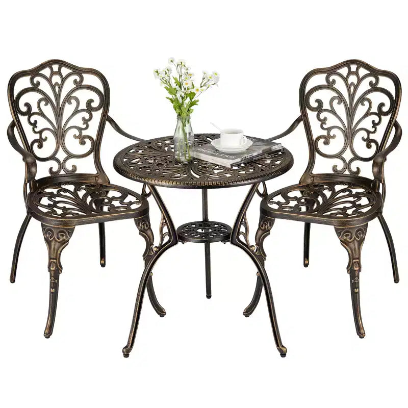 CuisinSmart Ensemble Bistro 3 Pièces, Salon de Jardin Bistro en Aluminium Moulé Résistant à la Rouille avec Trou pour Parasol pour Jardin, Balcon, Porche
