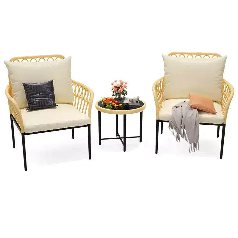 Ensemble de bistrot 3 pièces, salon de jardin, chaises d'extérieur modulables en osier toutes saisons avec table et coussins, pour jardin, patio, terrasse
