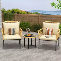 Ensemble de bistrot 3 pièces, salon de jardin, chaises d'extérieur modulables en osier toutes saisons avec table et coussins, pour jardin, patio, terrasse