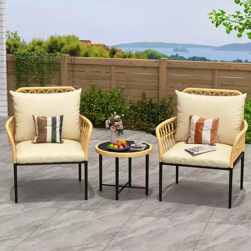 Ensemble de bistrot 3 pièces, salon de jardin, chaises d'extérieur modulables en osier toutes saisons avec table et coussins, pour jardin, patio, terrasse