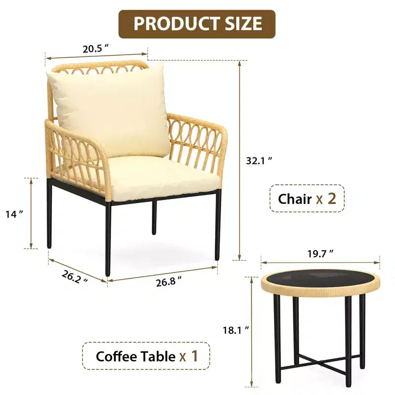Ensemble de bistrot 3 pièces, salon de jardin, chaises d'extérieur modulables en osier toutes saisons avec table et coussins, pour jardin, patio, terrasse