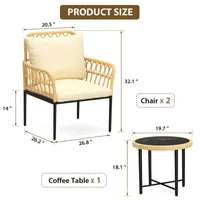 Ensemble de bistrot 3 pièces, salon de jardin, chaises d'extérieur modulables en osier toutes saisons avec table et coussins, pour jardin, patio, terrasse