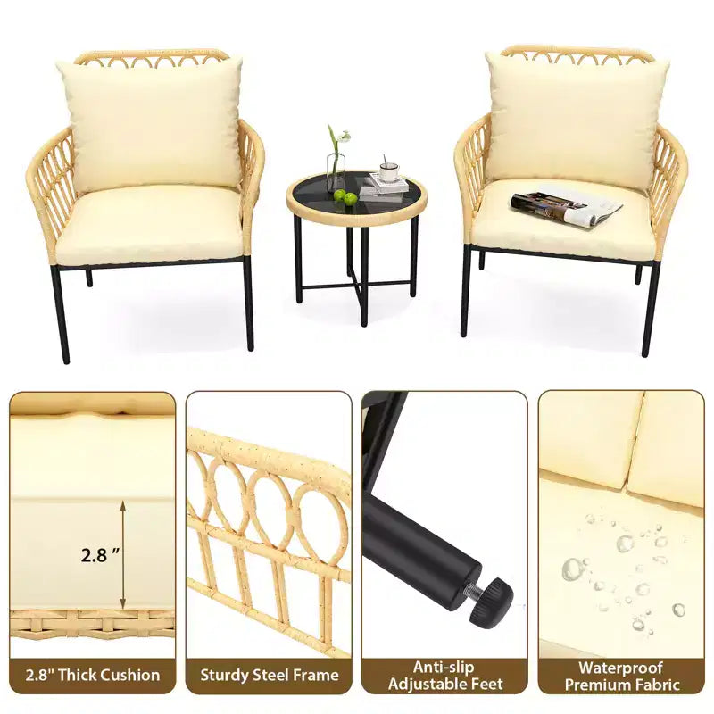 Ensemble de bistrot 3 pièces, salon de jardin, chaises d'extérieur modulables en osier toutes saisons avec table et coussins, pour jardin, patio, terrasse