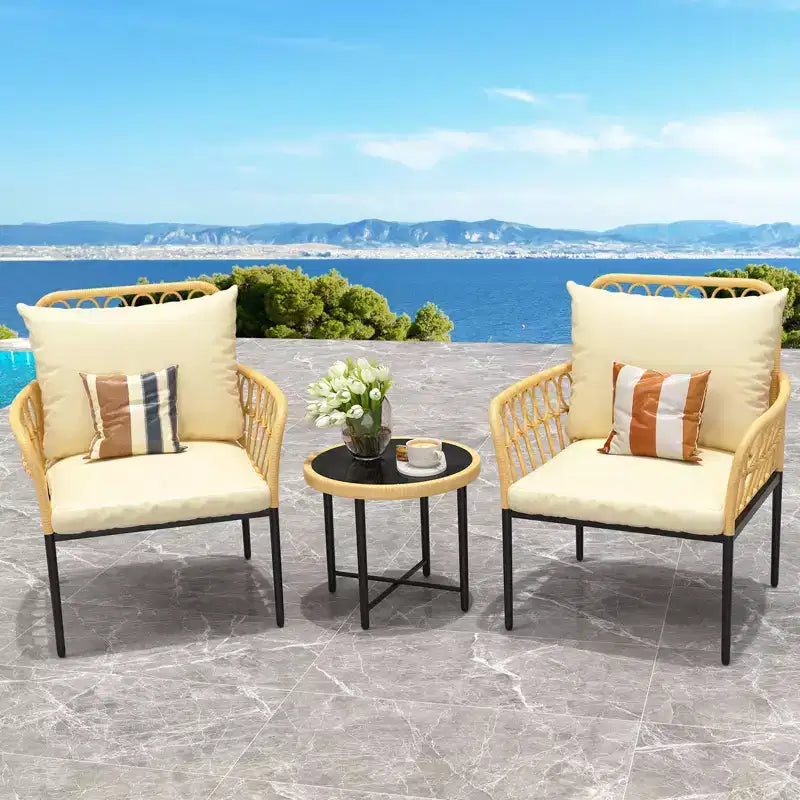 Ensemble de bistrot 3 pièces, salon de jardin, chaises d'extérieur modulables en osier toutes saisons avec table et coussins, pour jardin, patio, terrasse