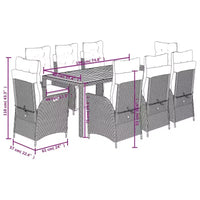 vidaXL Ensemble repas de patio avec coussins - Table et chaises, ensemble bistro en résine tressée - Gris Sans repose-pieds 8 pièces