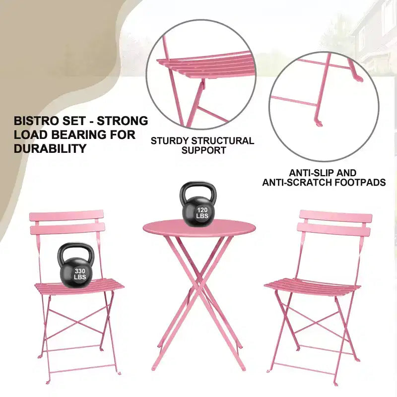 Ensemble de bistro pliant COZONY 3 pièces avec 2 chaises et table, mobilier d'extérieur en acier pour balcon, jardin, terrasse