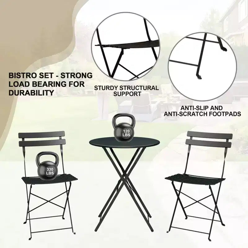 Ensemble de bistro pliant COZONY 3 pièces avec 2 chaises et table, mobilier d'extérieur en acier pour balcon, jardin, terrasse
