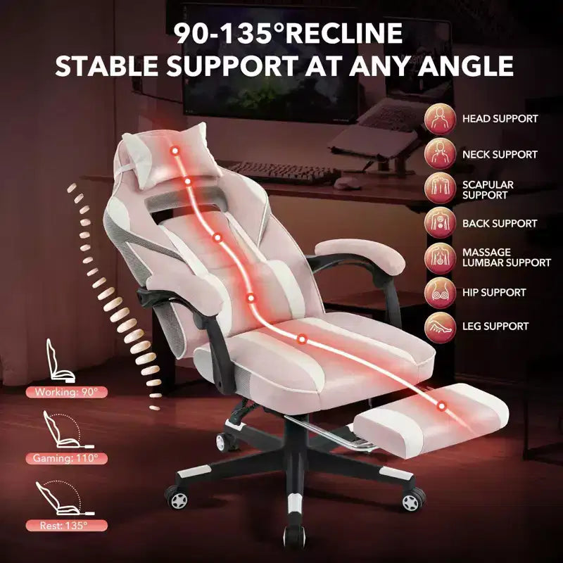Chaise de bureau rose fleur de cerisier avec repose-pieds, chaise d'ordinateur ergonomique avec support lombaire et appui-tête, base pivotante à 360° et chaises de direction réglables en hauteur