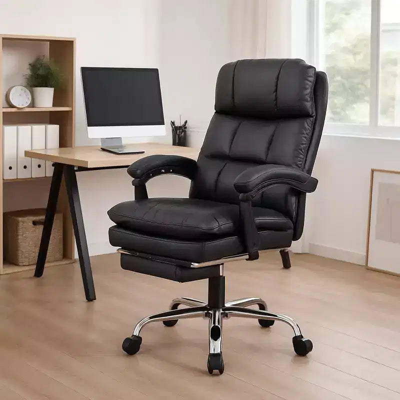 Fauteuil de bureau de direction à dossier hautCChaise de bureau en cuir PU noir avec repose-pieds, pivotement à 360° et support ergonomiqueCChaise d'ordinateur/gaming confortable pour la maison