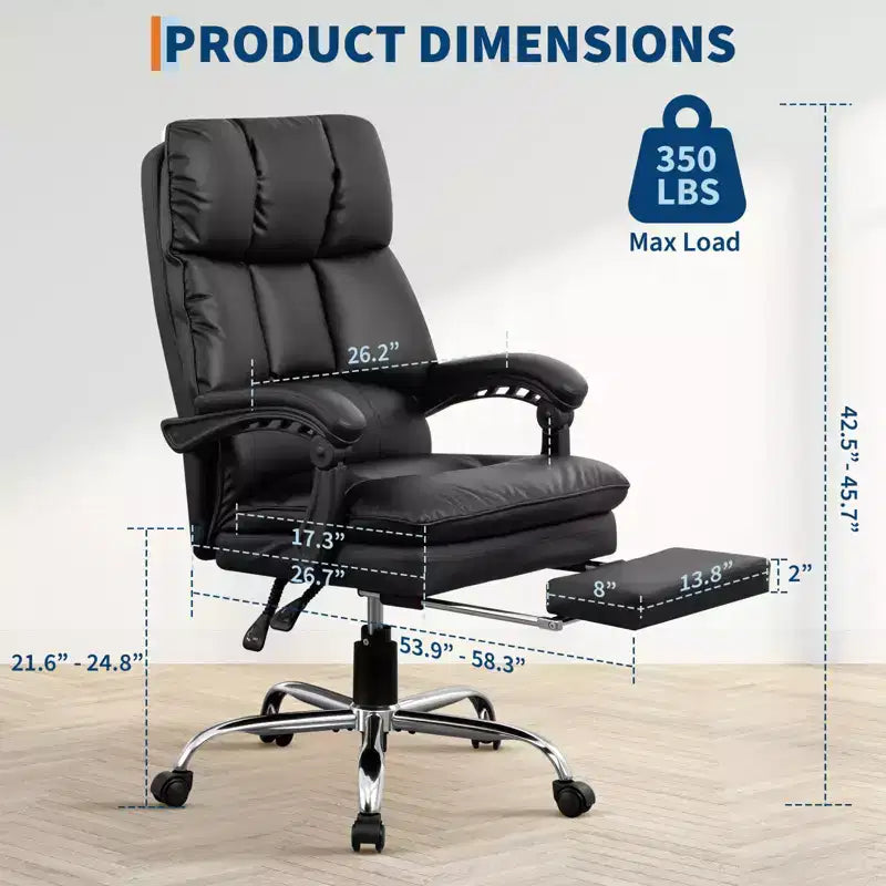 Fauteuil de bureau de direction à dossier hautCChaise de bureau en cuir PU noir avec repose-pieds, pivotement à 360° et support ergonomiqueCChaise d'ordinateur/gaming confortable pour la maison