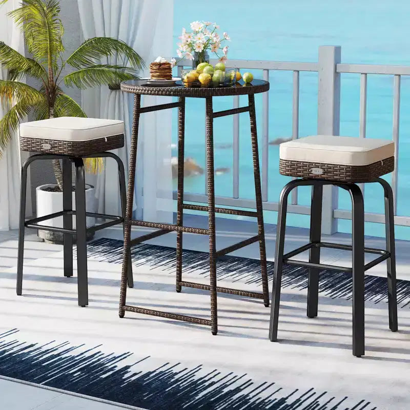 Ensemble de bar extérieur pivotant 3 pièces Costway avec 2 chaises, plateau en verre trempé, coussins moelleux